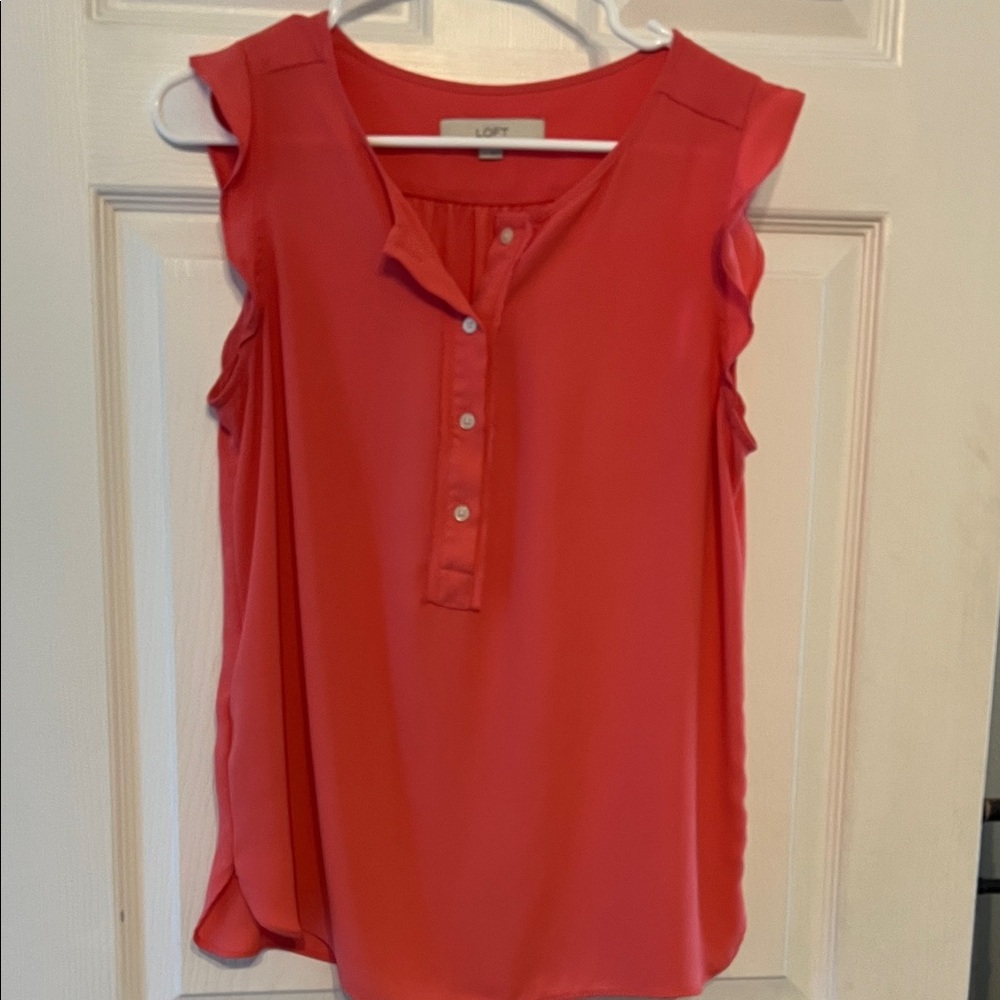 LOFT Vibrant Coral Ruffle Sleeve Blouse